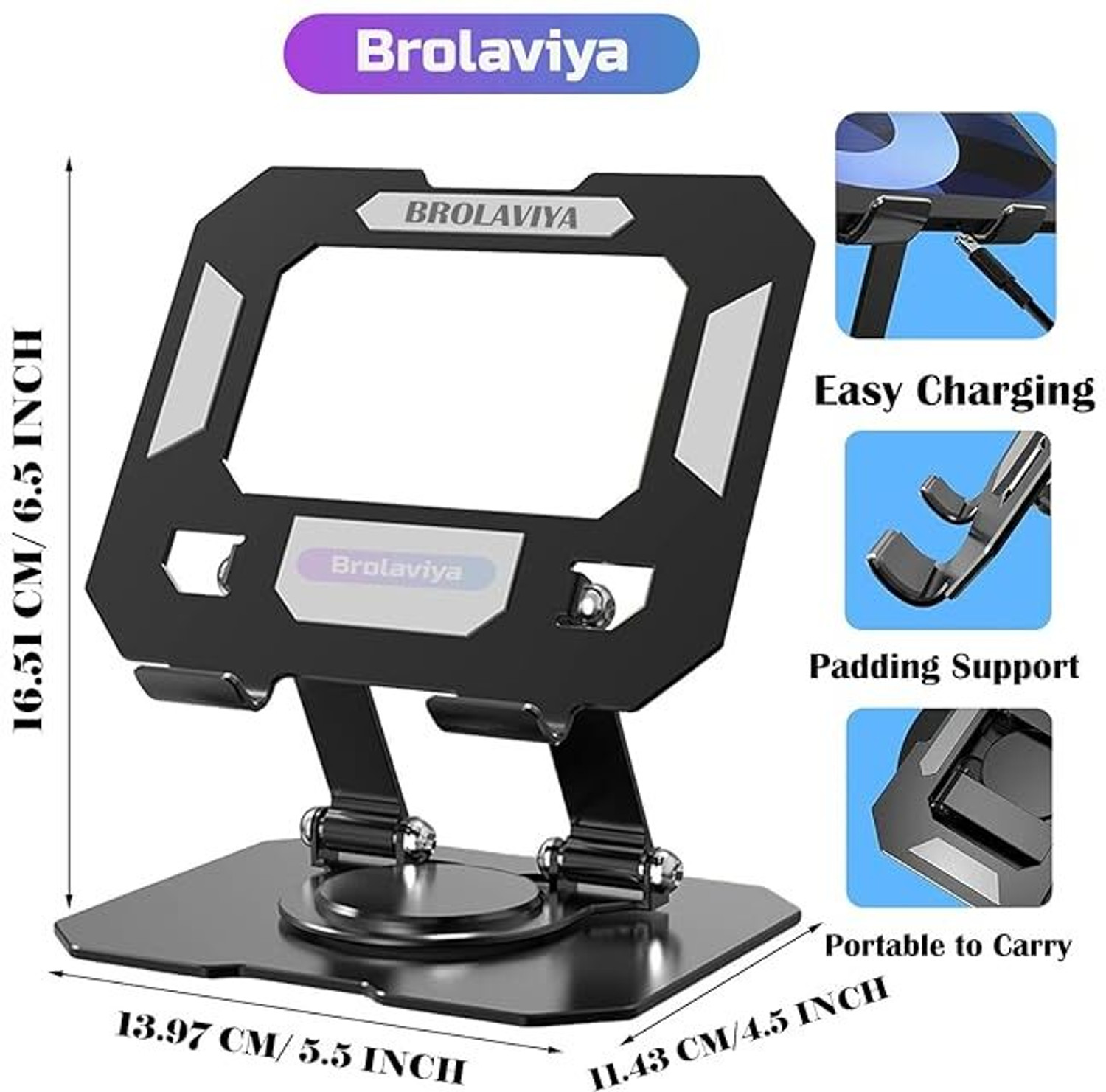 Image of RANZZER 360 Rotating Portable Aluminum Adjustable Folding Tablet Stand Holder for I Pad Aluminium Floor and Desk Stand Rotatable Laptop Stand with Adjustable Height Compatible with Universal Laptops