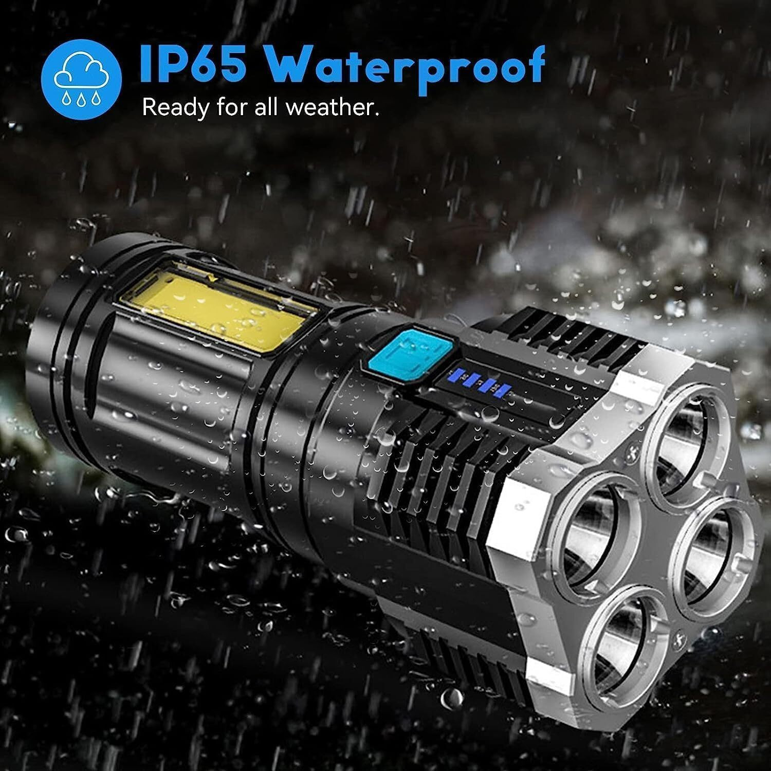 Image of Zakheza 4-in-1 Rechargeable LED Torch, Waterproof High-Power Pocket Flashlight USB-C Black Plastic Table Lantern