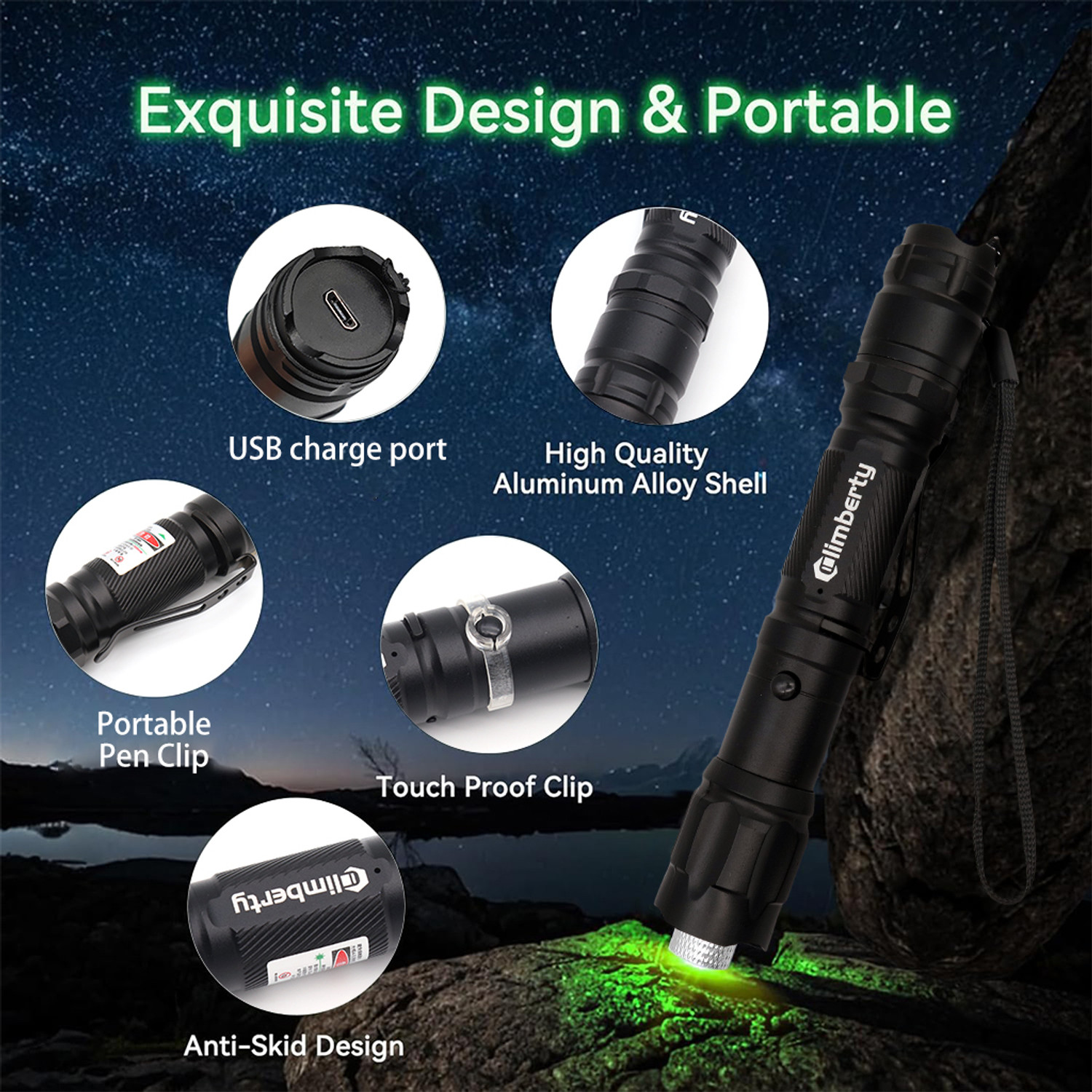 Image of Zorbes Waterproof USB Green Laser Pointer, 8 Patterns, for Stargazing, Hiking, Teaching (532 nm, Green)