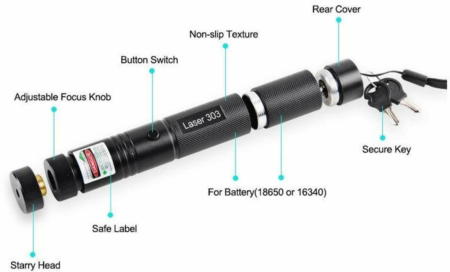 Image of Stufftuff JD303 532nm Green Starry Adjustable Green Laser Pointer with Safety Key (532 nm, Green)