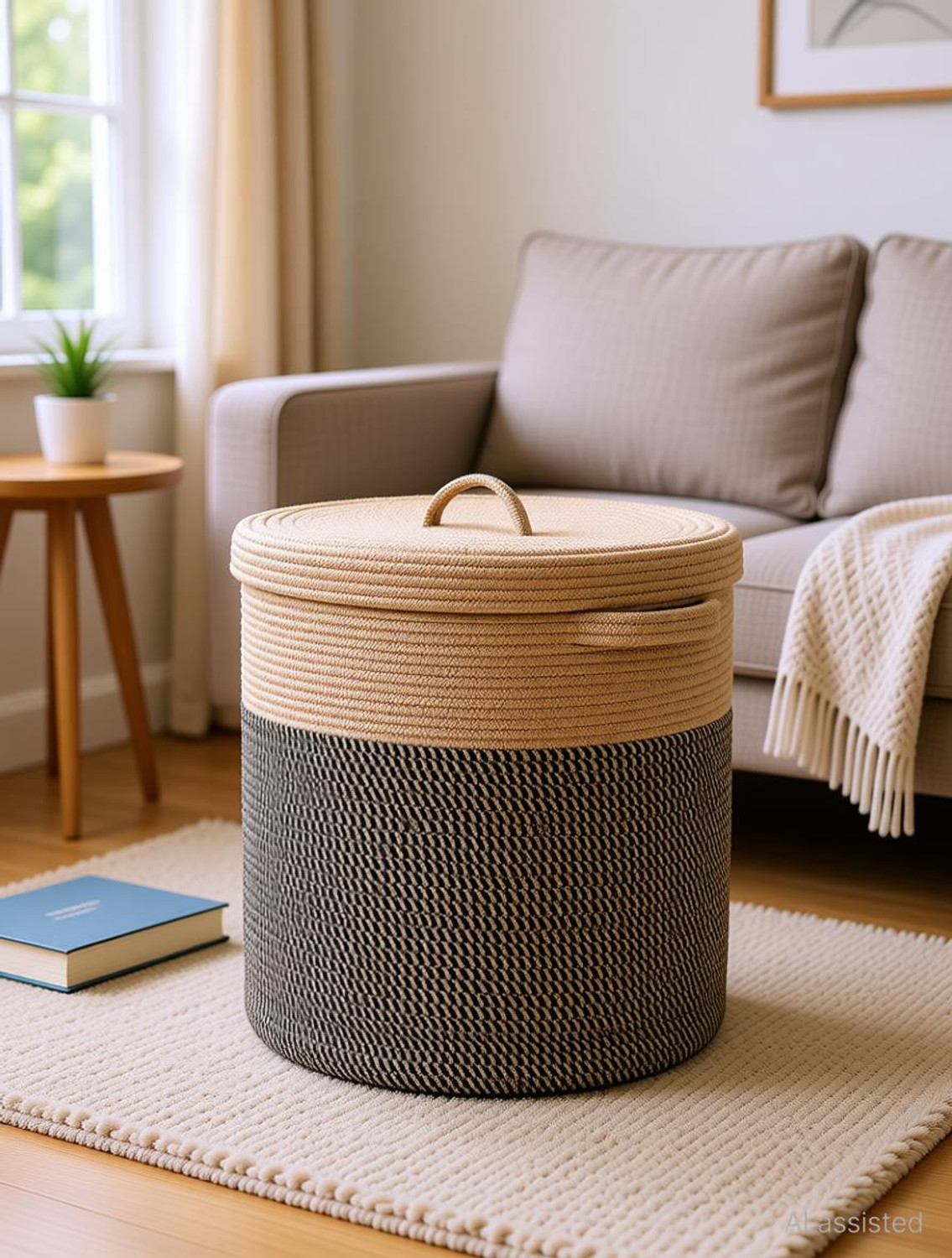 Image of ApnaCartStore Cotton, Jute Beige Black (12x14 inches) Storage Basket