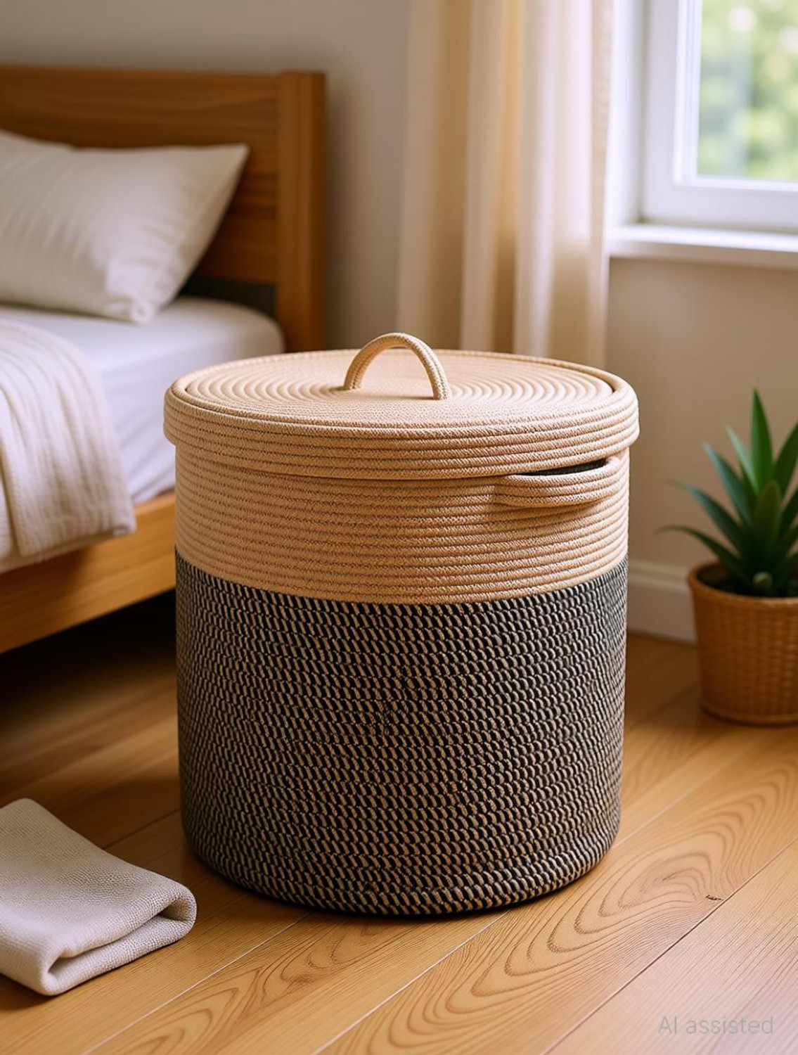 Image of ApnaCartStore Cotton, Jute Beige Black (12x14 inches) Storage Basket