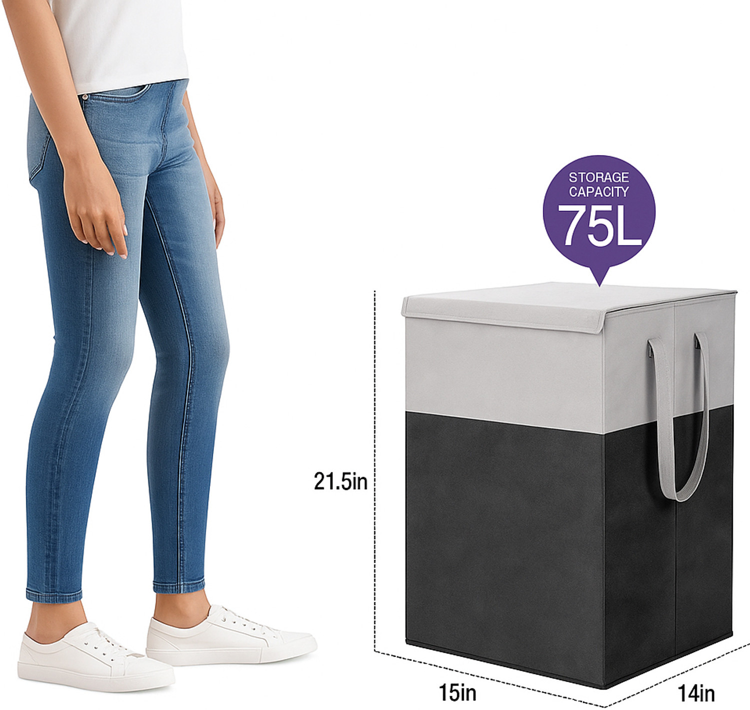 Image of Hoomora 75 L Grey, Black Laundry Basket