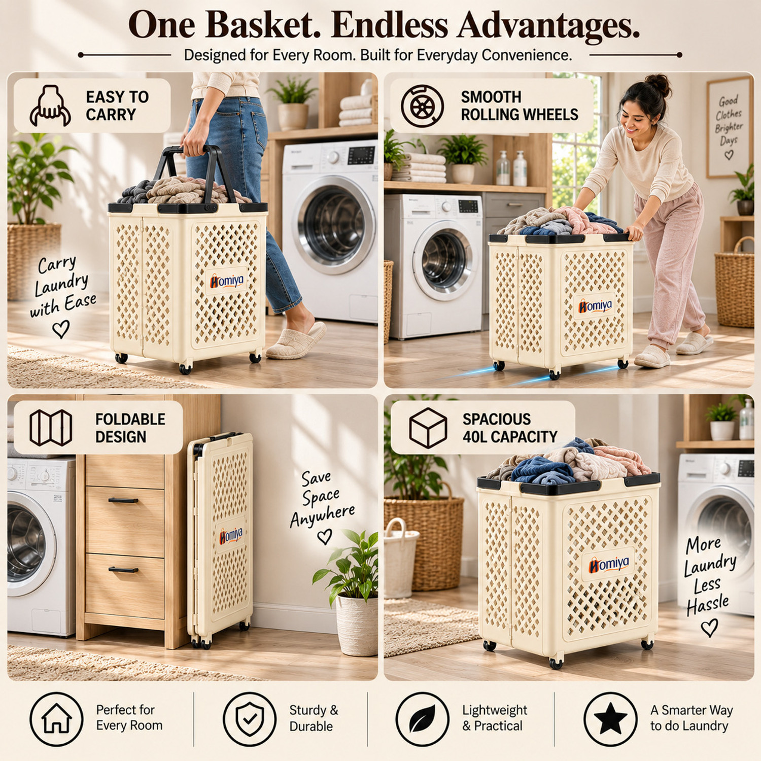 Image of HOMIYA 45L Foldable Laundry Basket with Wheels & Handles | Space Saving Clothes Basket Laundry Trolley (White)