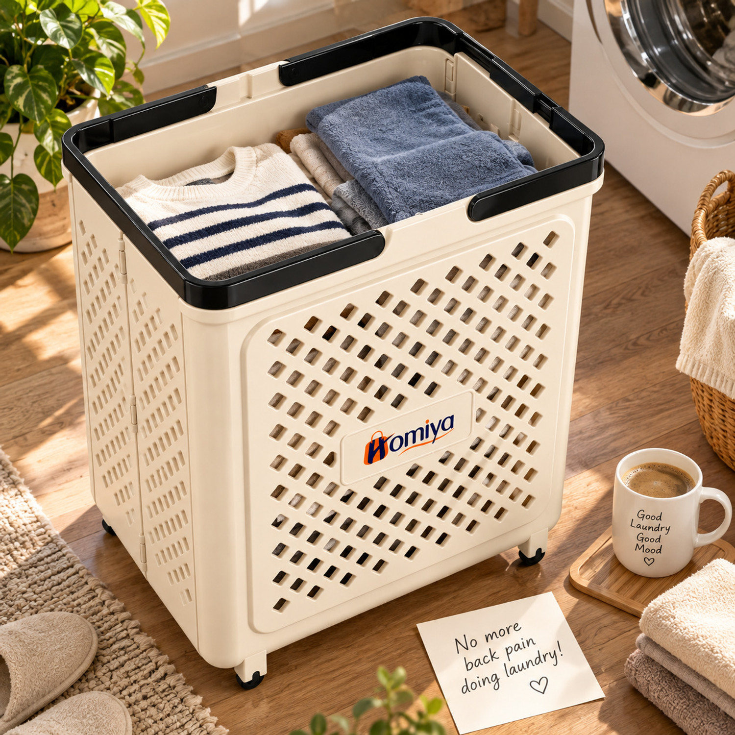 Image of HOMIYA 45L Foldable Laundry Basket with Wheels & Handles | Space Saving Clothes Basket Laundry Trolley (White)