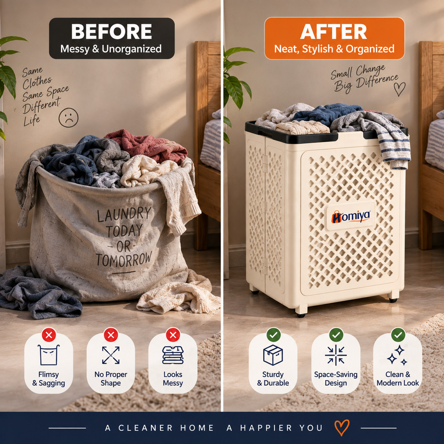 Image of HOMIYA 45L Foldable Laundry Basket with Wheels & Handles | Space Saving Clothes Basket Laundry Trolley (White)