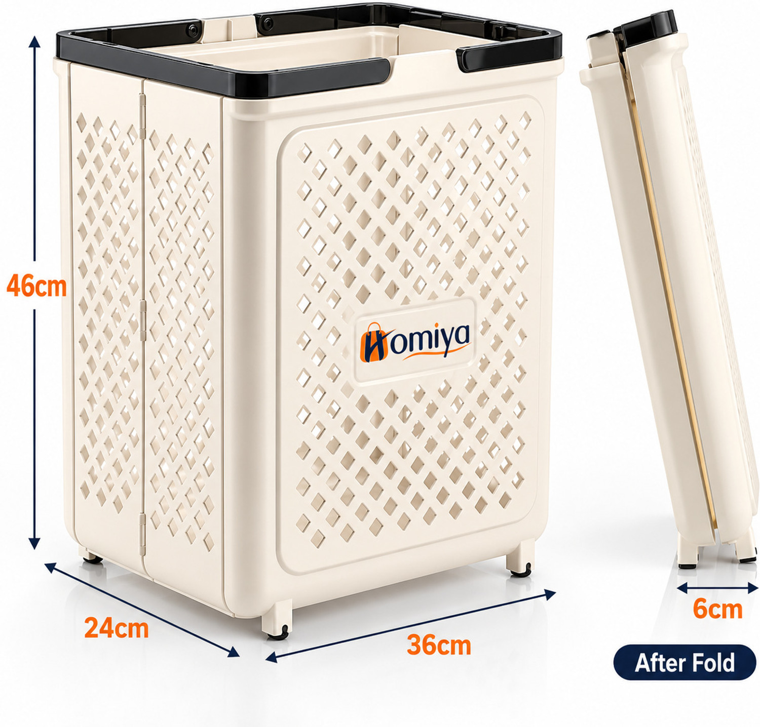 Image of HOMIYA 45L Foldable Laundry Basket with Wheels & Handles | Space Saving Clothes Basket Laundry Trolley (White)
