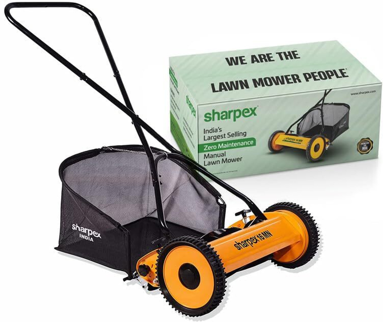 Image of Sharpex Manual Classic Push Lawn Mower with Grass Catcher (Multicolor) Push Manual Lawn Mower 16''Reel, Metal Gear, 5-Height, Grass Catcher, Yellow Manual Push Lawn Mower
