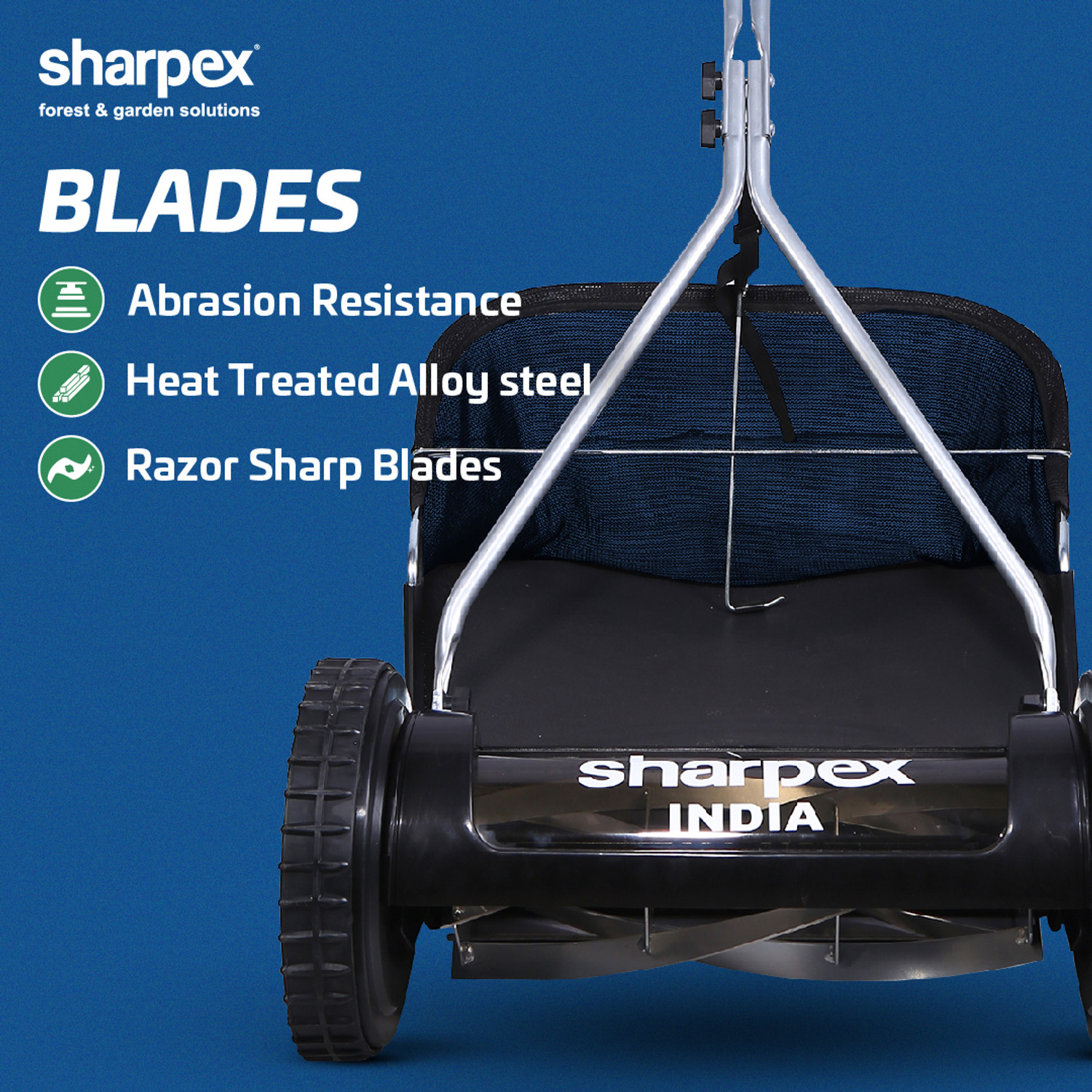 Image of Sharpex Lawn Mower with Grass Catcher Classic Push Reel 16-Inch Reel Lawn Mower with 27 litres Grass Catcher | 4 Height Adjustment Manual Push Lawn Mower
