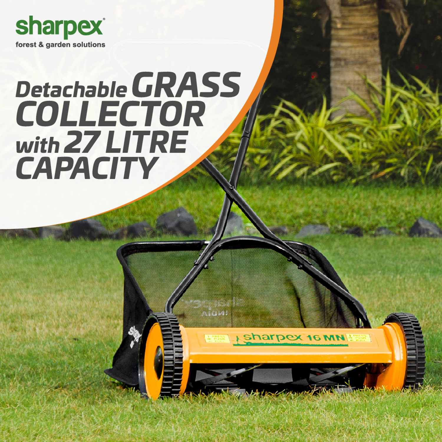 Image of Sharpex Manual Classic Push Lawn Mower with Grass Catcher (Multicolor) Push Manual Lawn Mower 16''Reel, Metal Gear, 5-Height, Grass Catcher, Yellow Manual Push Lawn Mower