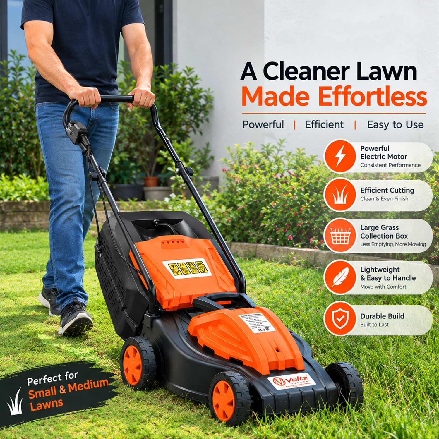 Image of VOLTZ VZ-LM1600 Electric Lawn Mower 13'' Blade Grass Cutting Machine 30L, 1600W Motor LM-1600 AC Adapter Self Propelled Lawn Mower
