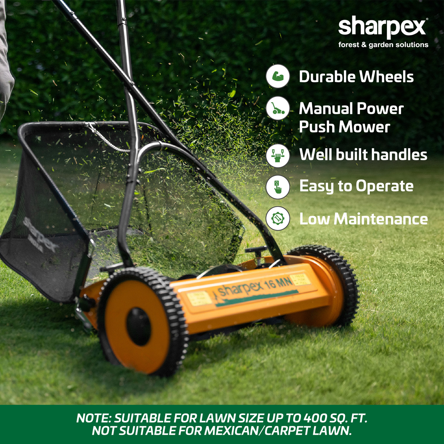 Image of Sharpex Manual Classic Push Lawn Mower with Grass Catcher (Multicolor) Push Manual Lawn Mower 16''Reel, Metal Gear, 5-Height, Grass Catcher, Yellow Manual Push Lawn Mower