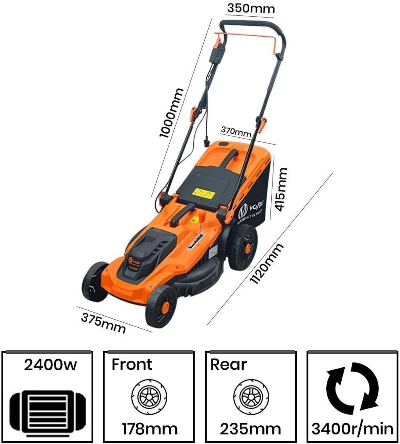 Image of VOLTZ LM2400 Electric Lawn Mower 17Inch Blade Grass Cutting Machine for Garden 52L Bag LM-2400 AC Adapter Self Propelled Lawn Mower