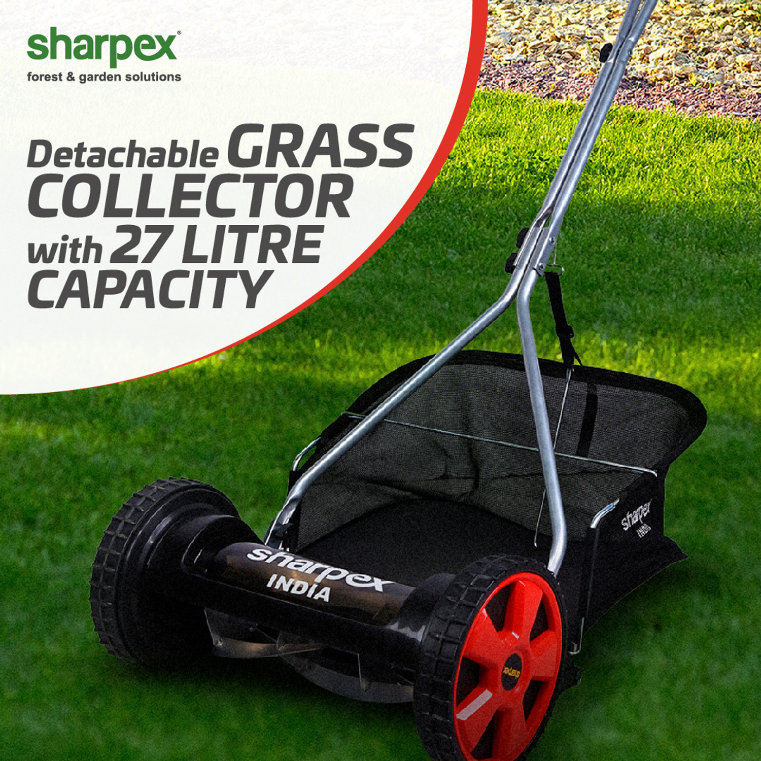 Image of Sharpex Lawn Mower with Grass Catcher Classic Push Reel 16-Inch Reel Lawn Mower with 27 litres Grass Catcher | 4 Height Adjustment Manual Push Lawn Mower