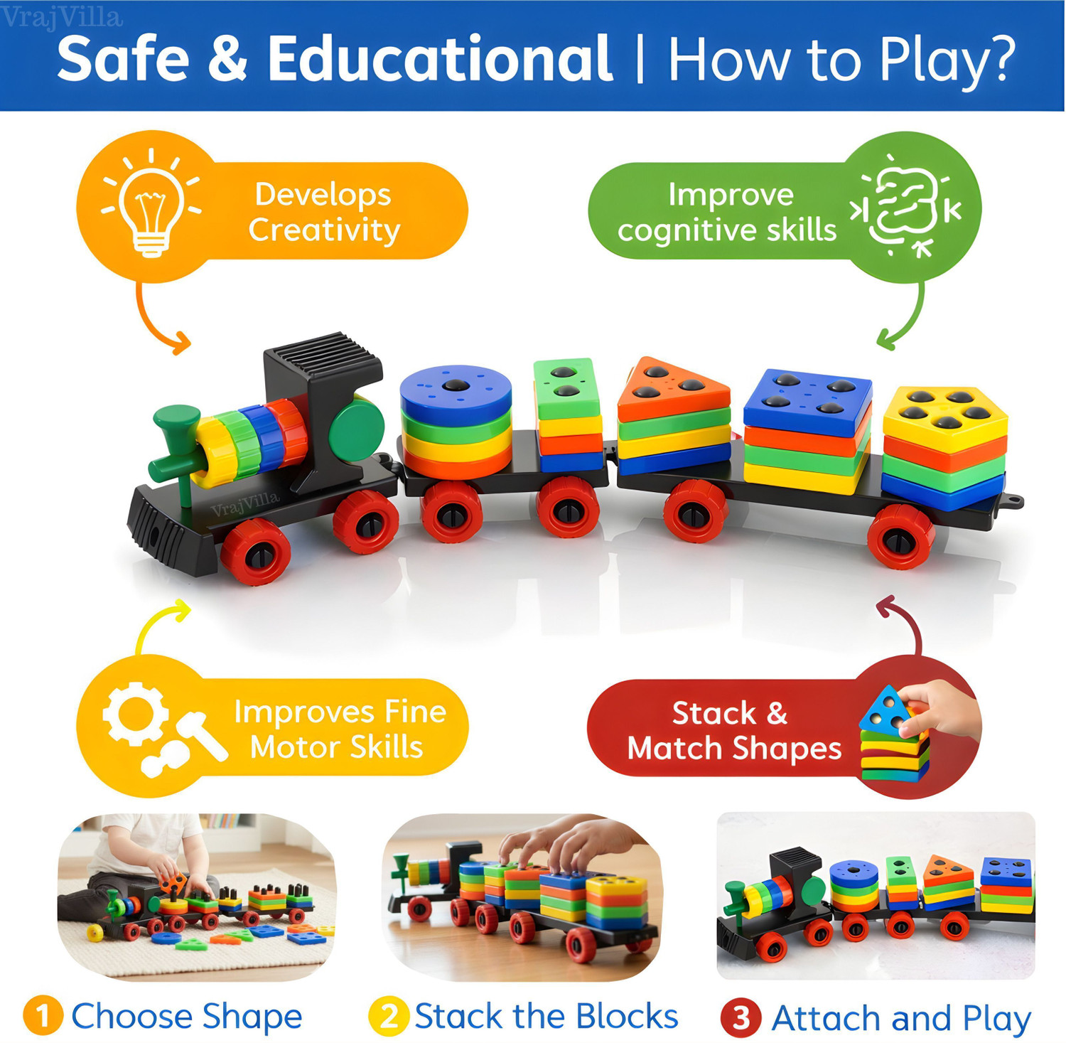 Image of S sukan tex Geometric shaps Plastic Train Toy Set with Multi Colors for Kids