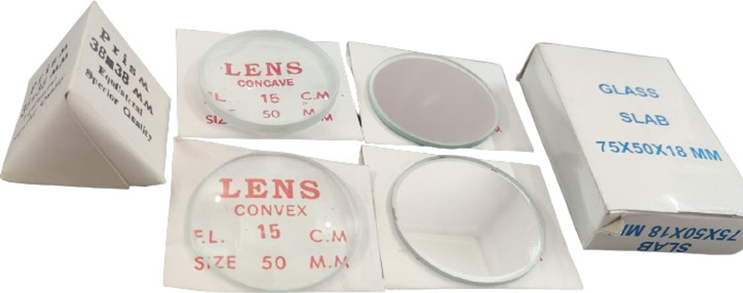 Image of SMEI Optics Activity Set- Different Lenses and Mirrors 50mm, Prism and Glass Slab (White)