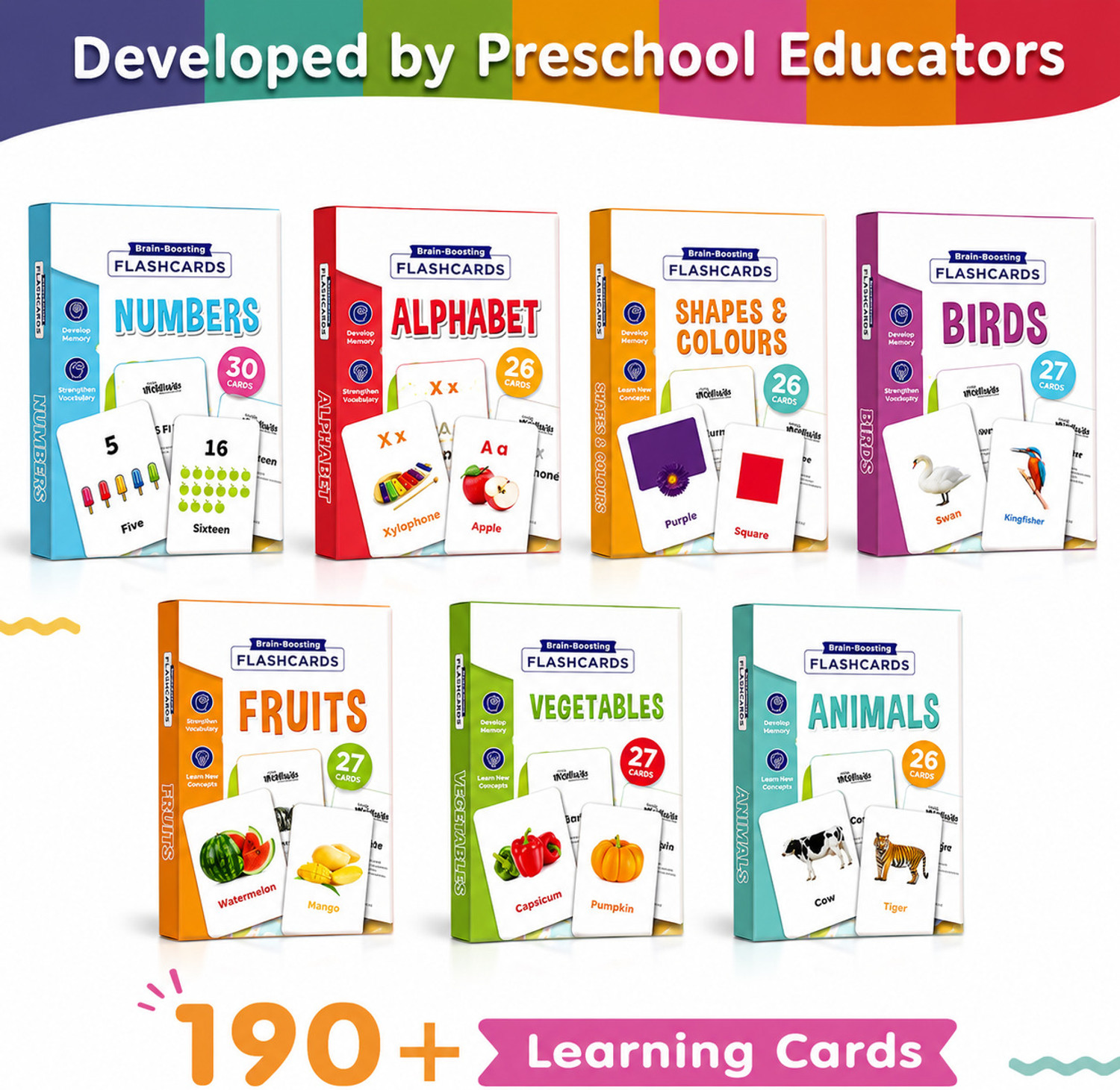Image of PANTROLA Brain Boosting Flashcards Learning Cards Set for Kids 190+ Cards 7 Topics Pack