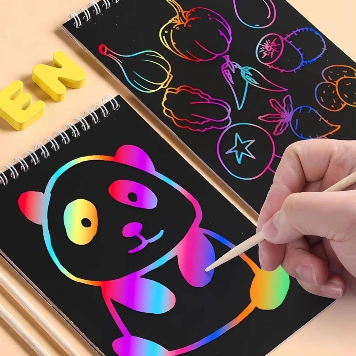 BGT Rainbow Scratch Art Notepad , Black Paper with Wooden Stylus, Drawing Sketchbook