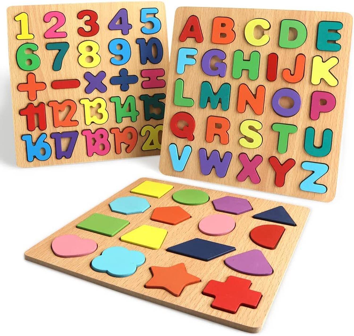 Authfort 3 in 1 Educational Blocks Alphabet Number Shape ABC Name Puzzles Toys for Kids