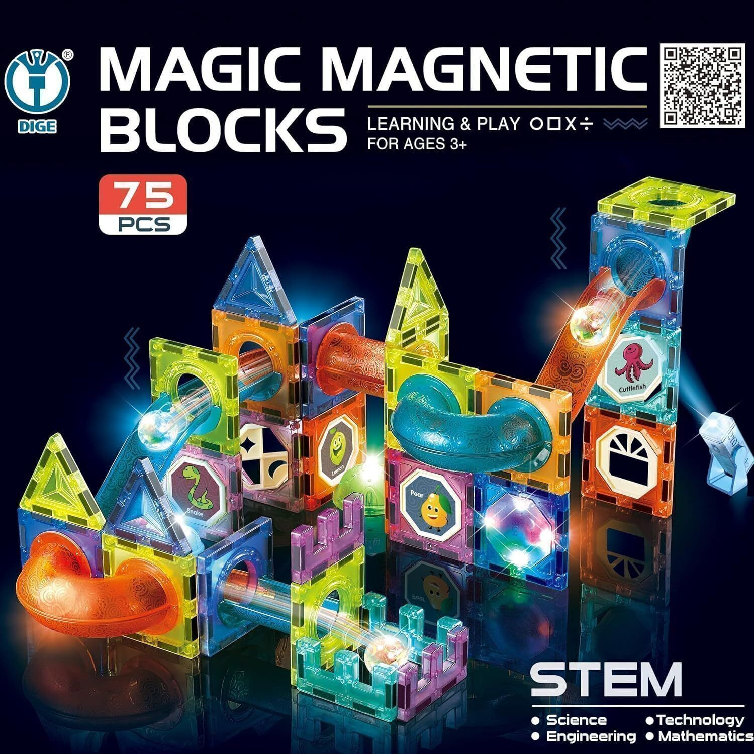 Image of Kidoyz 75 Piece Light Magnetic Blocks, Magic Building Blocks for Kids 3D STEM Toys