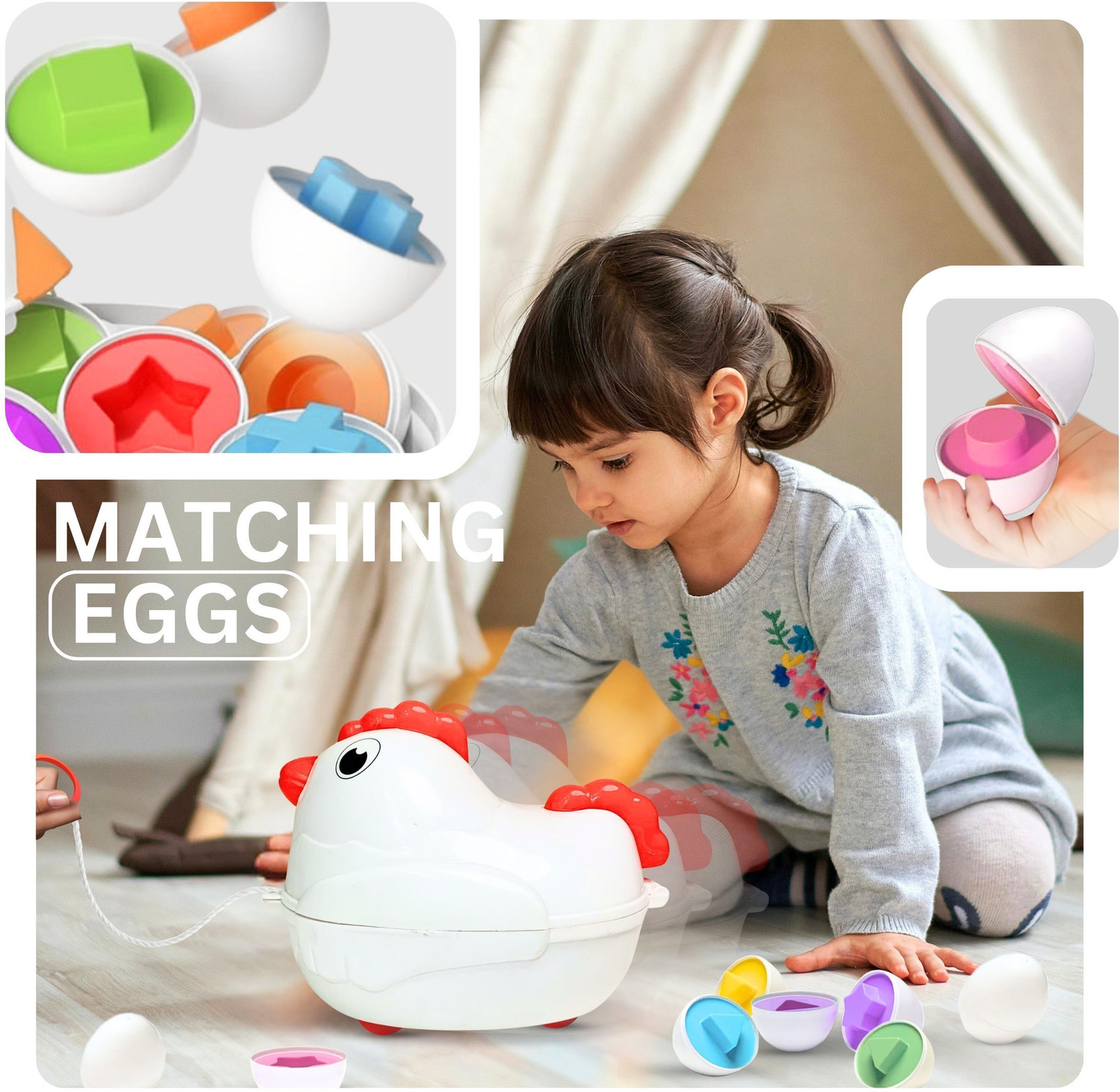 Image of Angel Kids Matching Shapes Eggs | Pull-Along Hen Toy with Wheels | Activity Blocks 12 Pcs