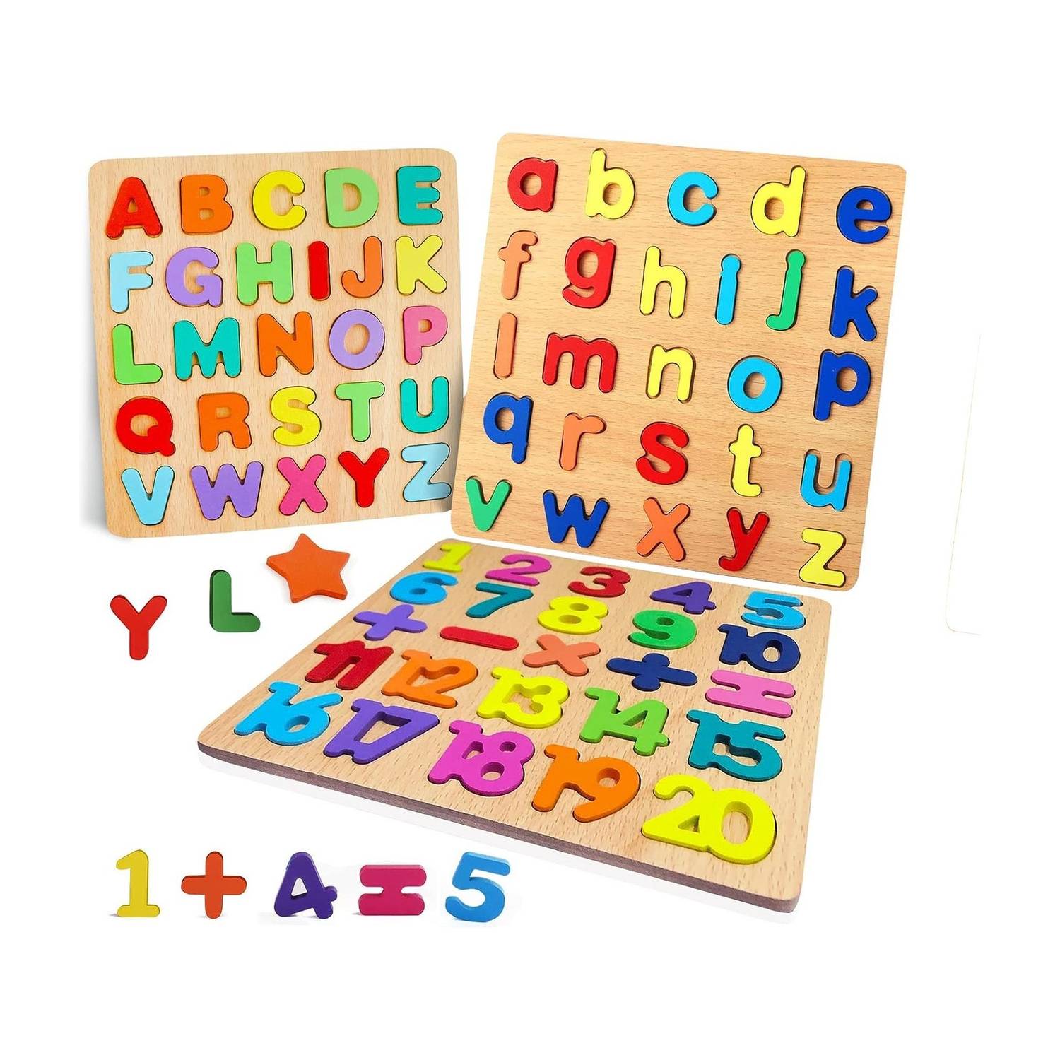 Authfort Wooden Capital Alphabets Letters ,Small Letters & 1 to 20 Numbers Learning Educational Puzzle Toy for Kids Combo Pack of 3