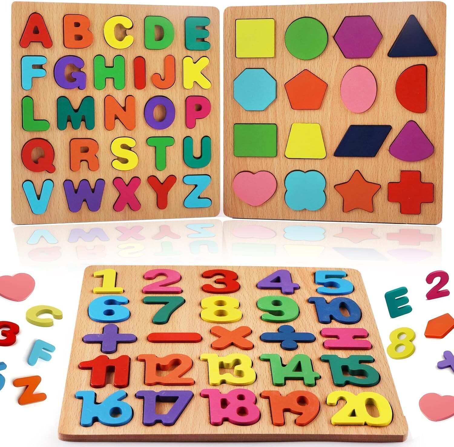 PEGLITZ Wooden Puzzles for Toddlers Alphabet Shape Number Puzzles for Kids Boys & Girls