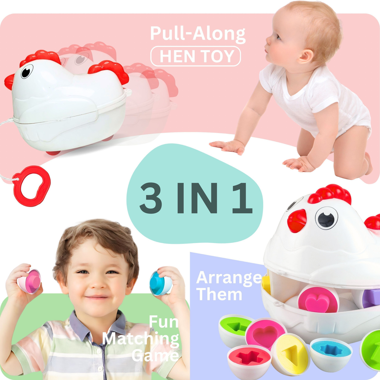 Image of Angel Kids Matching Shapes Eggs | Pull-Along Hen Toy with Wheels | Activity Blocks 12 Pcs