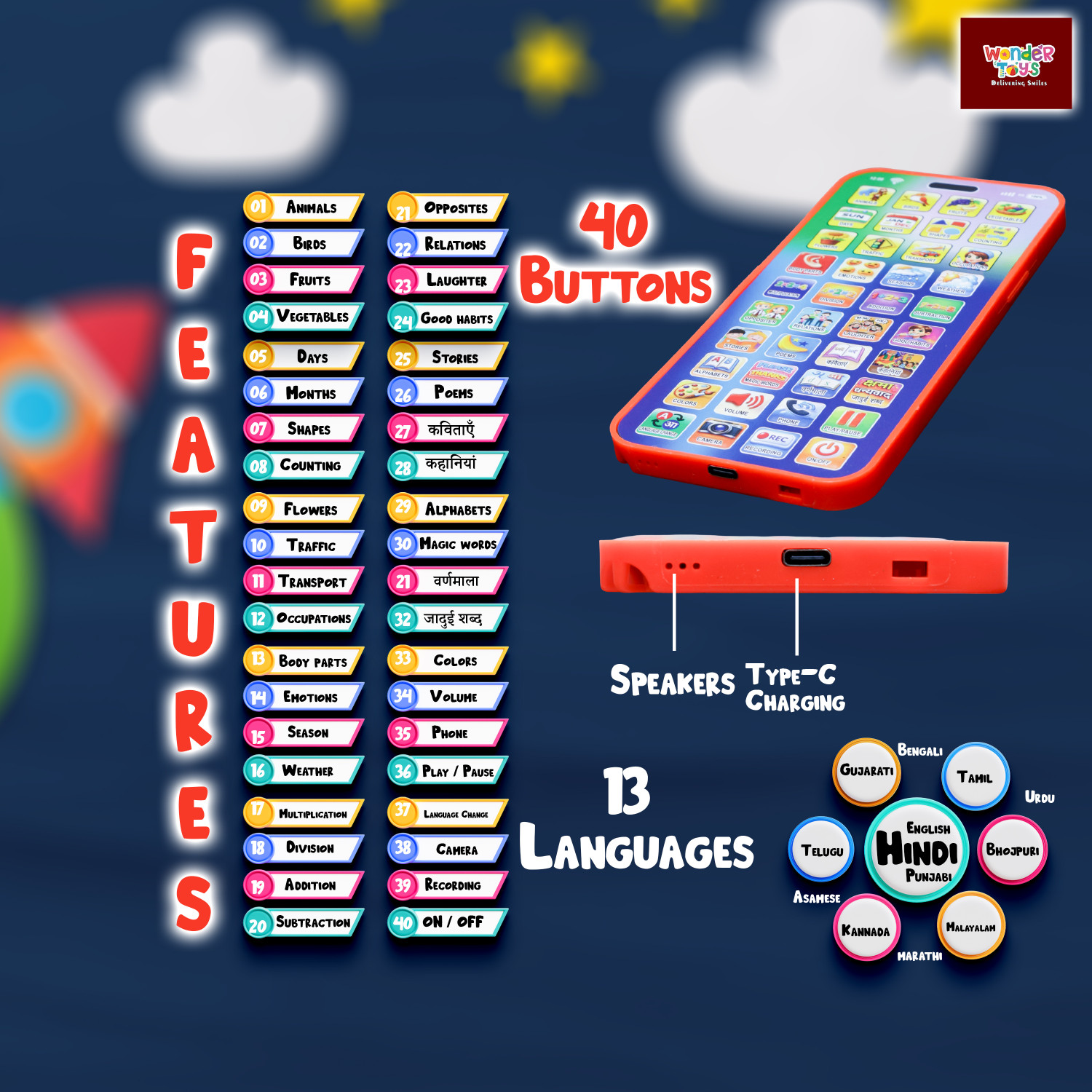 Image of Wonder LERNIX Pro Max Educational Phone - 184 Features 40 Buttons 13 Languages (Orange)