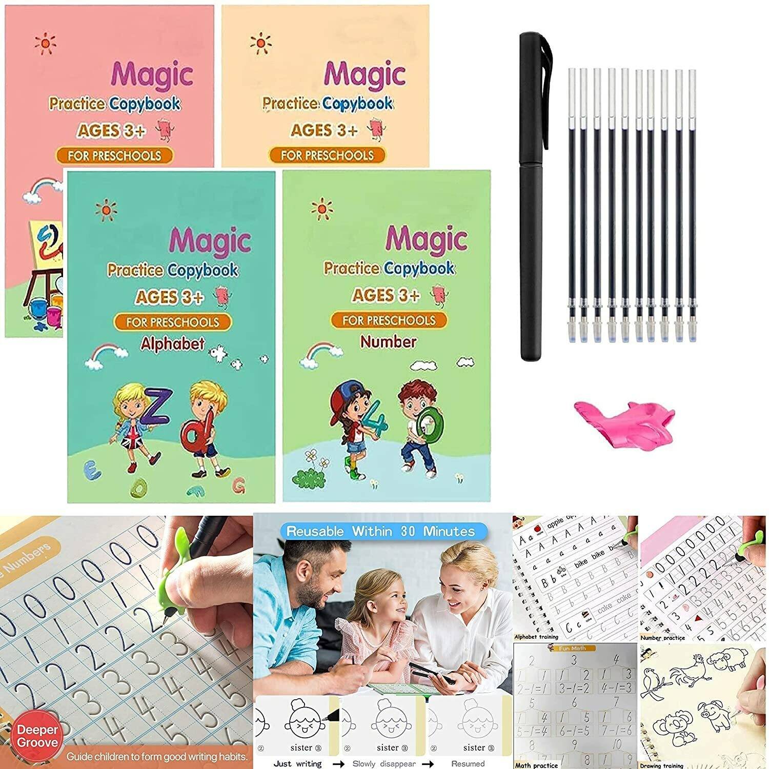 Ank Magic Practice Copybook, Number Tracing Book For Preschoolers With Pen, Magic Calligraphy Copybook Set Practical Reusable Writing Tool Simple Hand Lettering