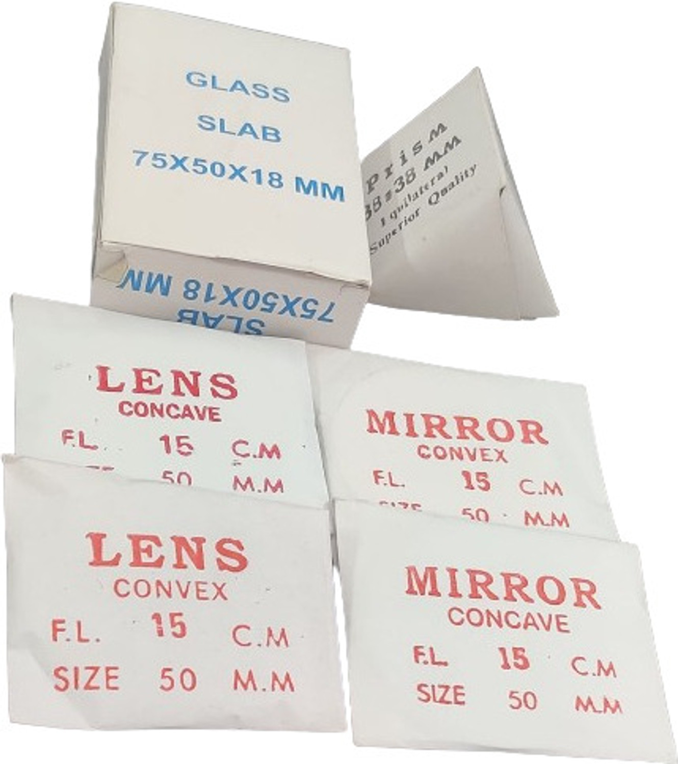 Image of SMEI Optics Activity Set- Different Lenses and Mirrors 50mm, Prism and Glass Slab (White)