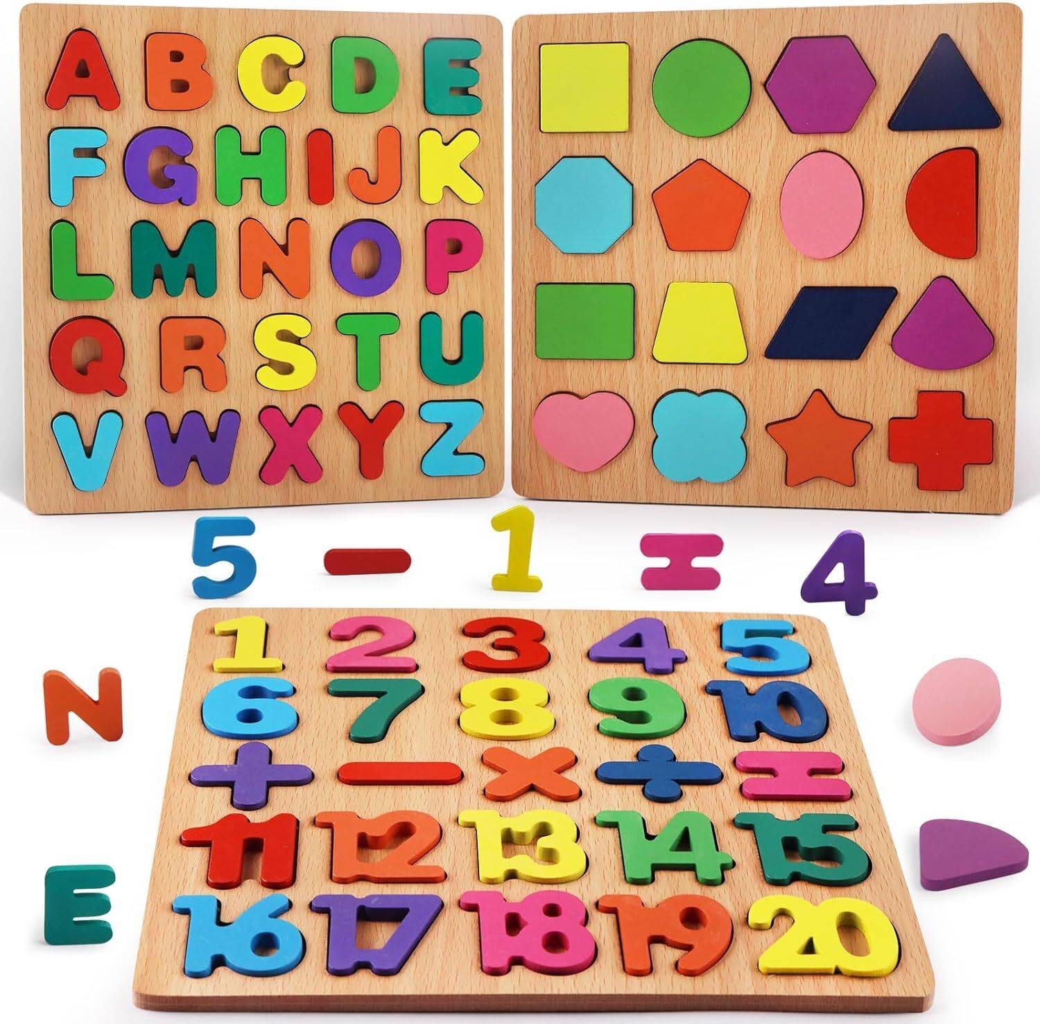 Authfort Wooden Puzzles for Toddlers, Alphabet Numbers Shapes 3 Sets Puzzle Board Wooden Blocks for Kids, Colorful ABC Wooden Letters 1-20 Numbers Shapes Early Learning Toys for Kids