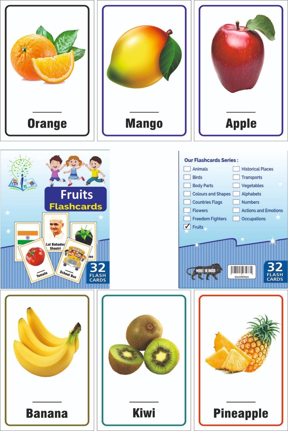 Ashmi Fruits 32 Pcs Laminated Flash Cards for Kids Toddlers Early Learning Age 3+