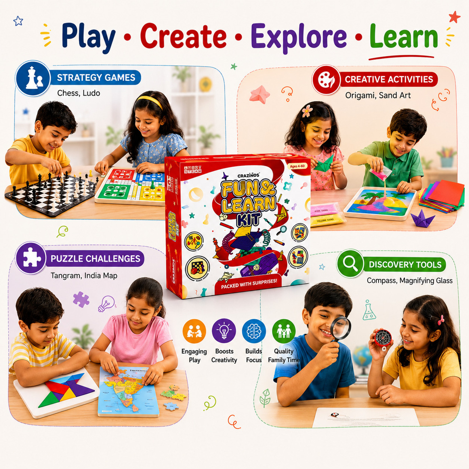 Image of Crazinos Fun & learn kit | For 5 to 6 Learners | Ages 4 to 60 Yrs| 50+ fun activities