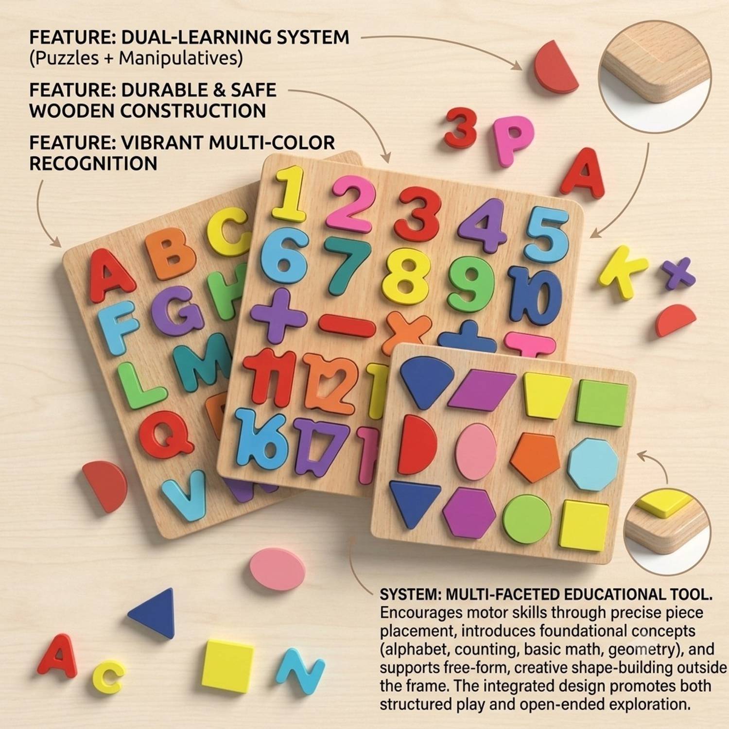 BEAUTY BRIGHT 3in1 Wooden Alphabet Number Shape Learning Puzzel