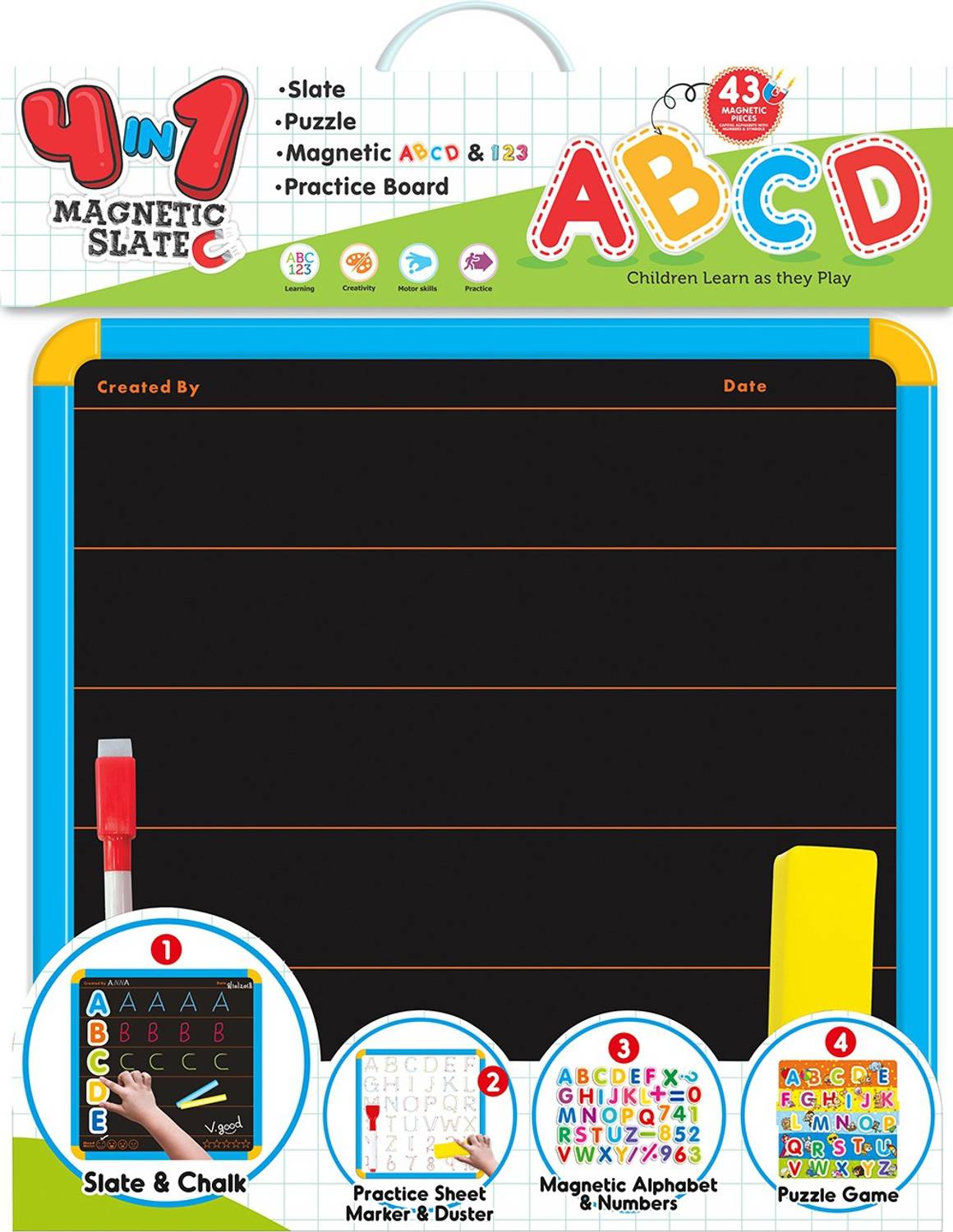 ITOYS 4-in-1 magnetic slate with alphabets and numbers