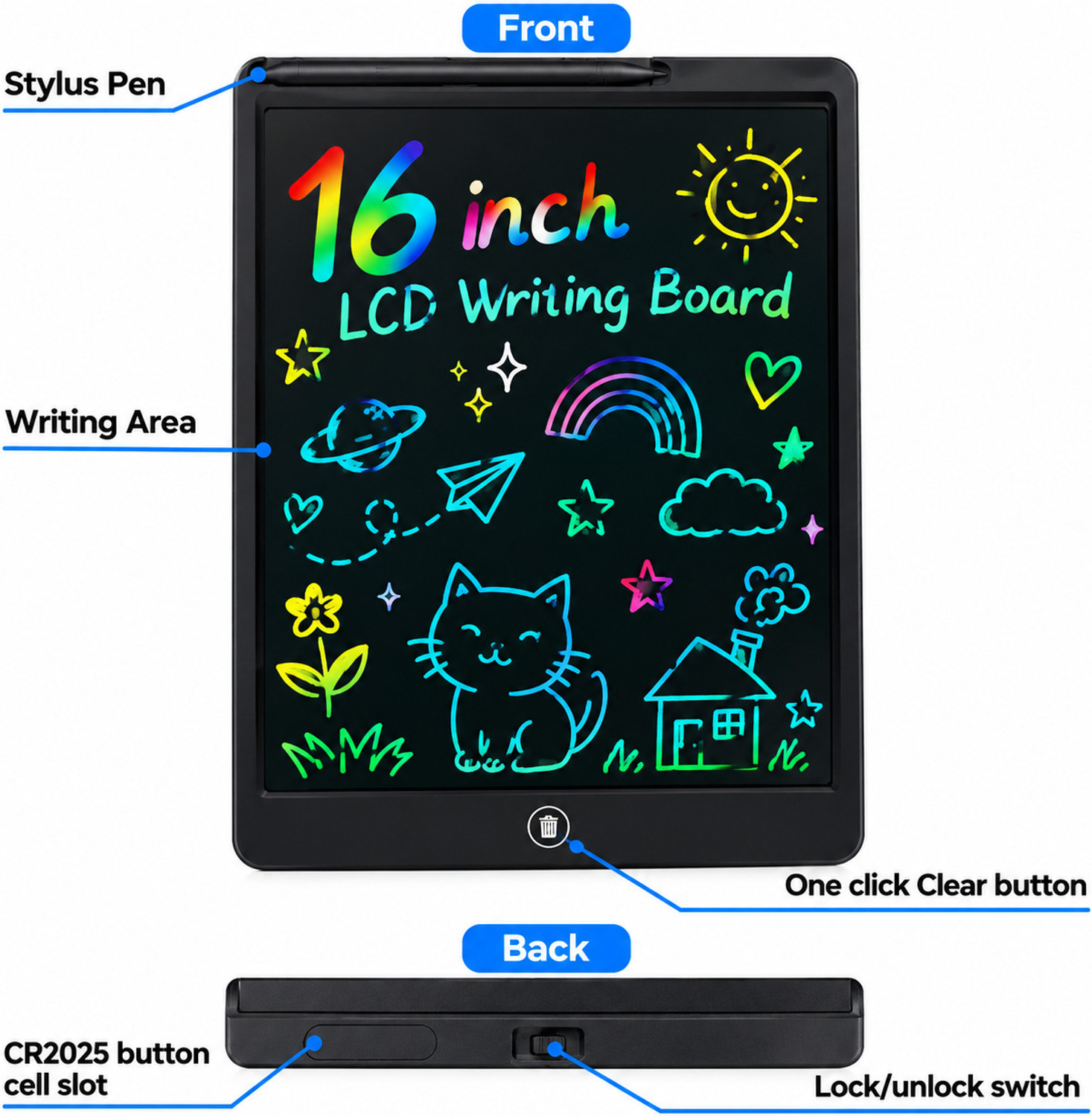 Image of ANSHAURA 16 Inch Digital Doodle Board For Children With Stylus Pen & Clear Button Boards (Multicolor)