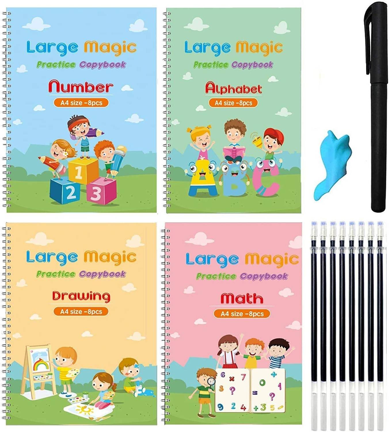 ALORNOR Magic Practice CopyBook 4BOOKS 5REFILL For Kids Magic Pen Writing (Multicolor)