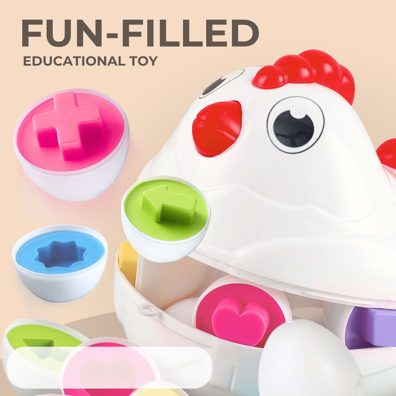 Image of Angel Kids Matching Shapes Eggs | Pull-Along Hen Toy with Wheels | Activity Blocks 12 Pcs