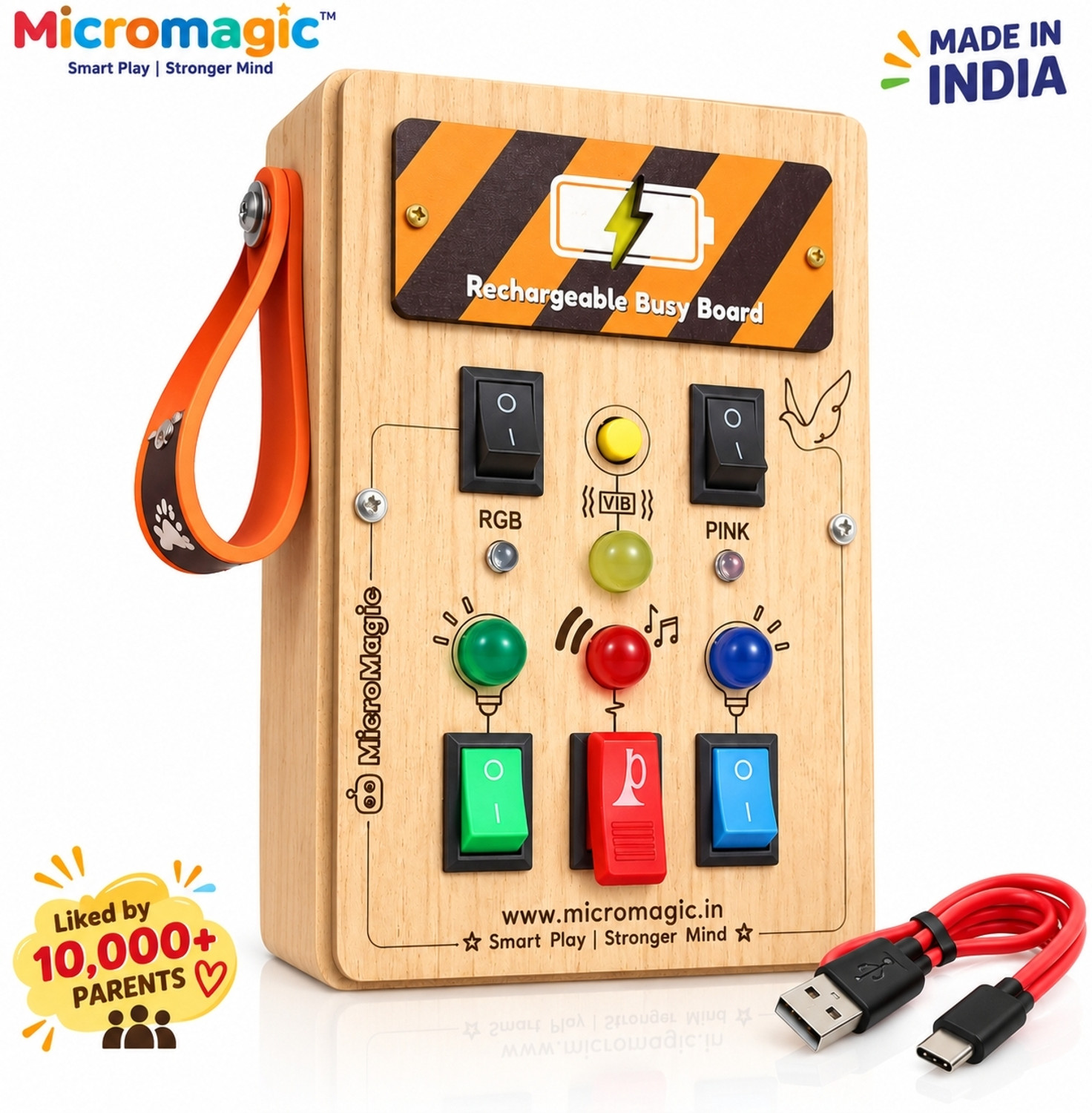 MicroMagic Toys GlowSwitch Rechargeable Wooden Busy Board - LED Lights, Sound & Sensory Switches