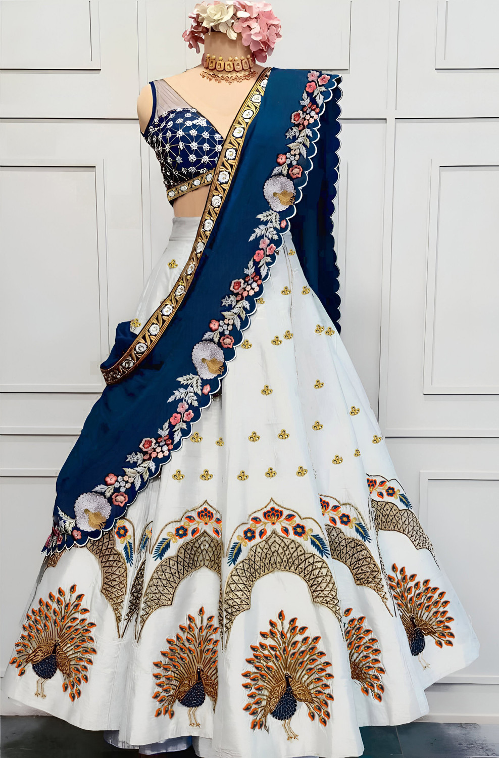 Image of HOUSE OF COMMON Embroidered Semi Stitched Lehenga Choli (White)