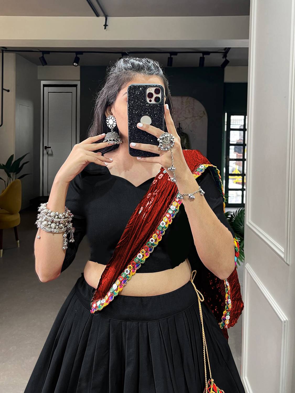 MITRABIZ Solid Semi Stitched Lehenga Choli Black - Image 4