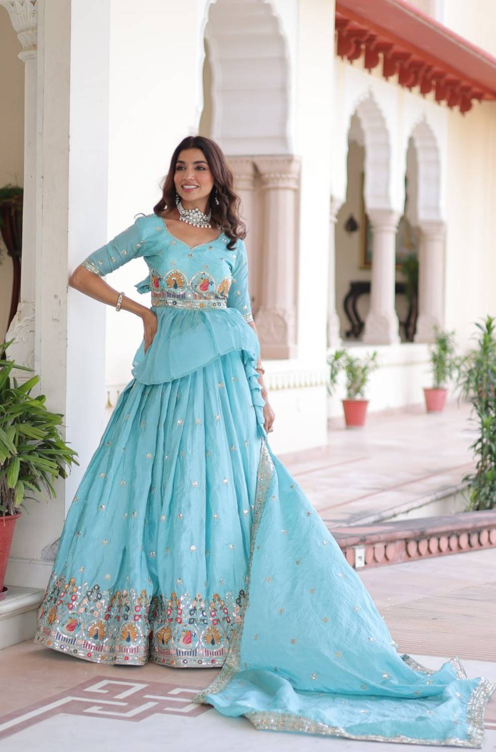 livewear Embroidered Blue Lehenga & Crop Top - Image 5