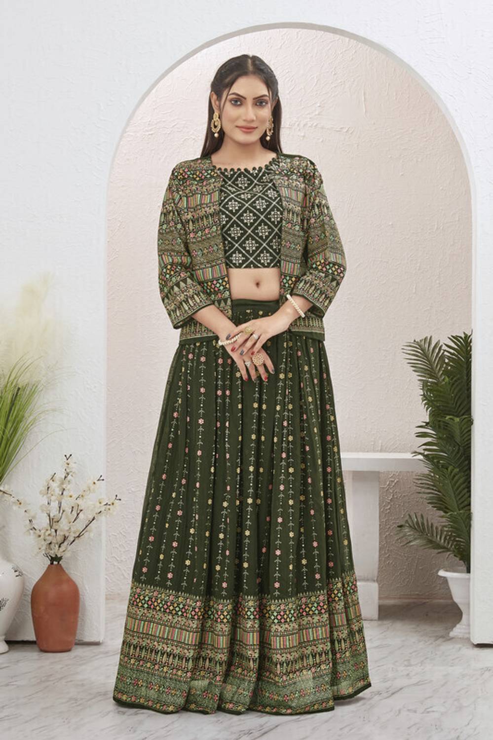 chansi Trendz Self Design Stitched Lehenga with Jacket