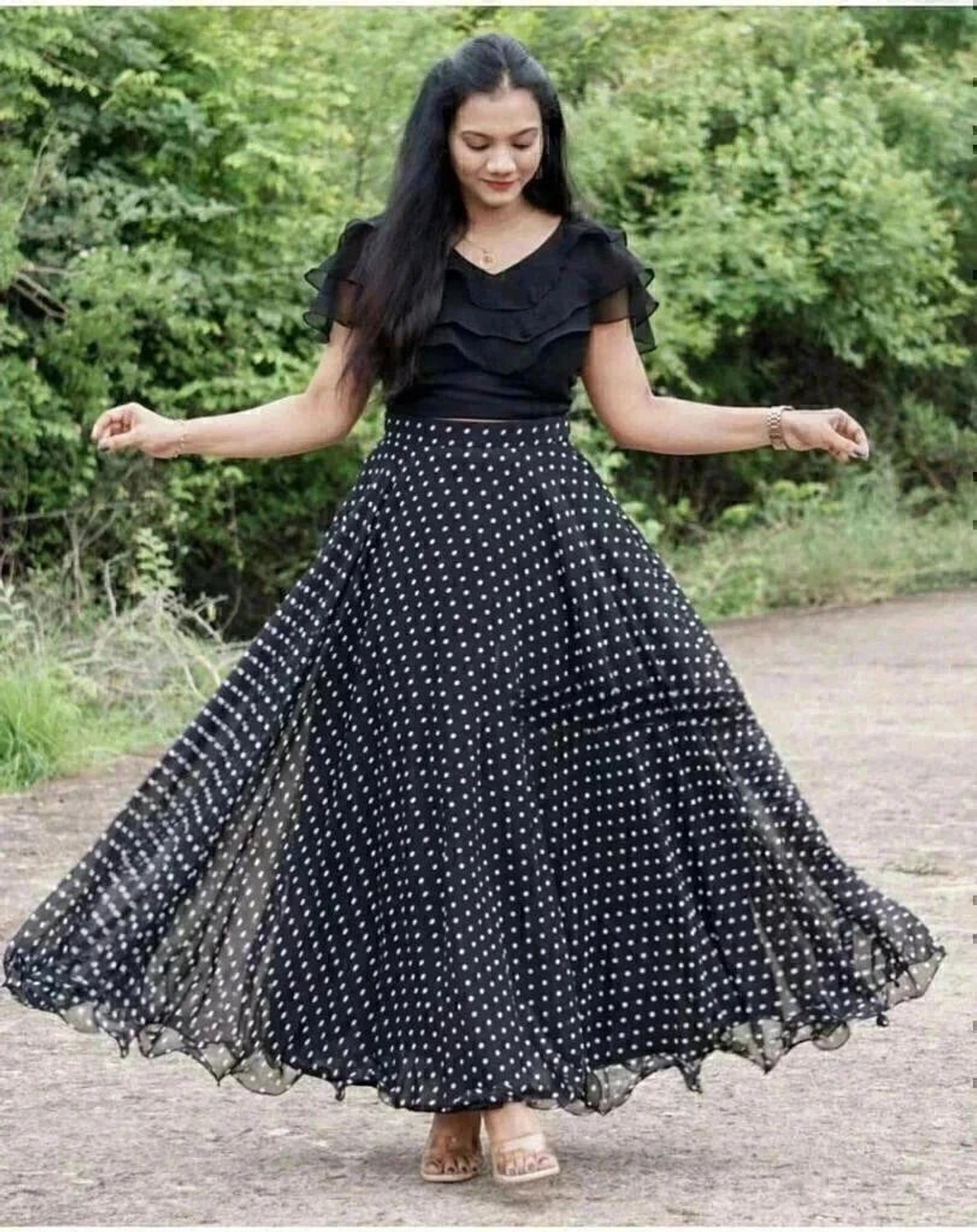 Image of NIHANT ENTERPRISE Polka Print Stitched Lehenga & Crop Top