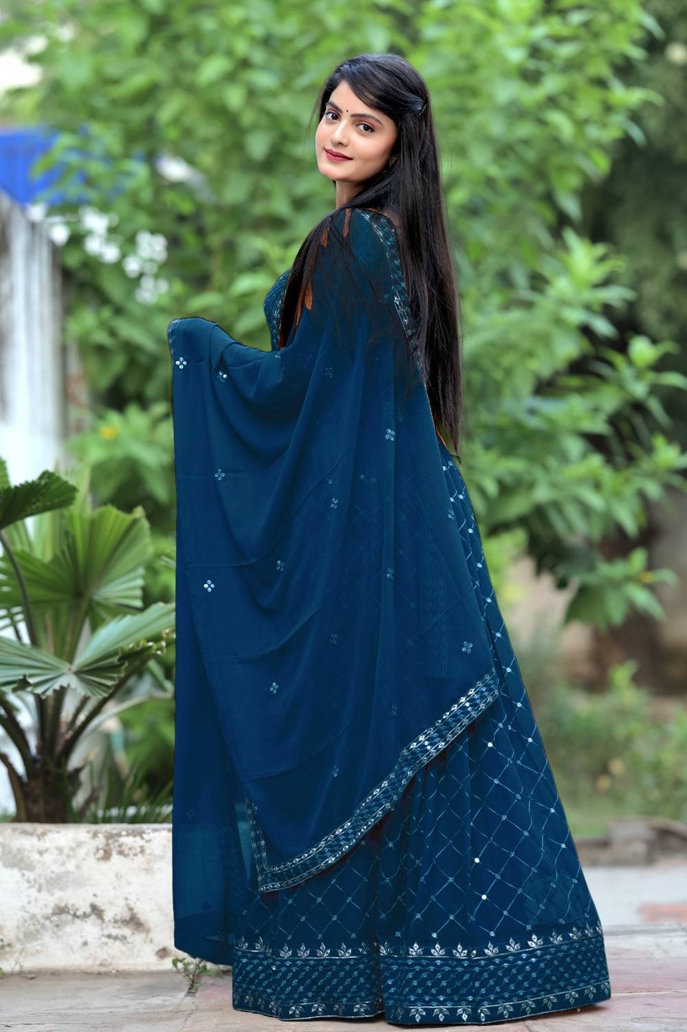 credebs Embroidered Semi Stitched Lehenga Choli Blue - Image 4