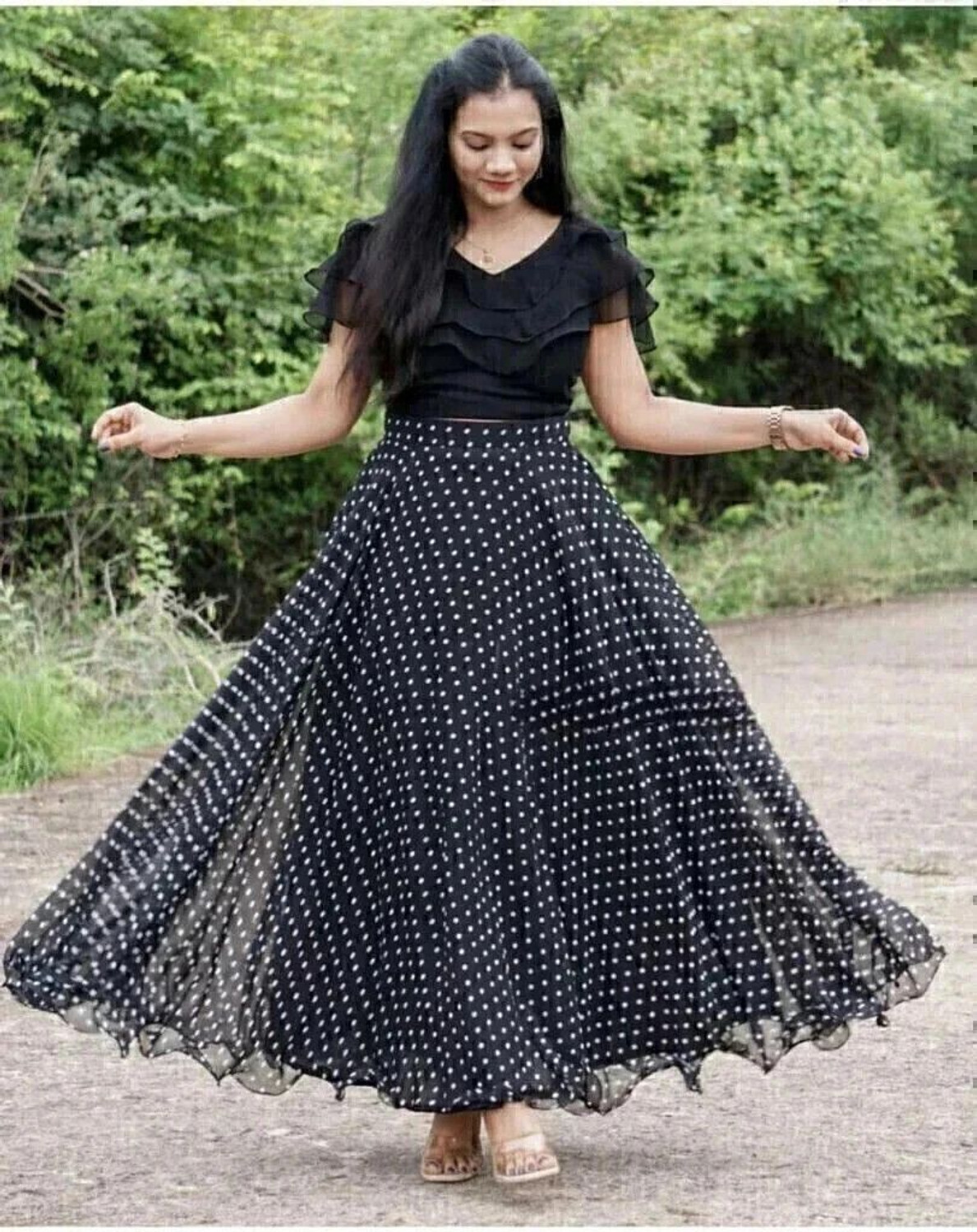 Image of NIHANT ENTERPRISE Polka Print Stitched Lehenga & Crop Top