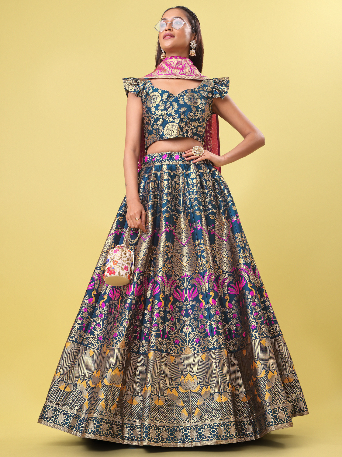 Image of PURVAJA Floral Print Semi Stitched Lehenga Choli