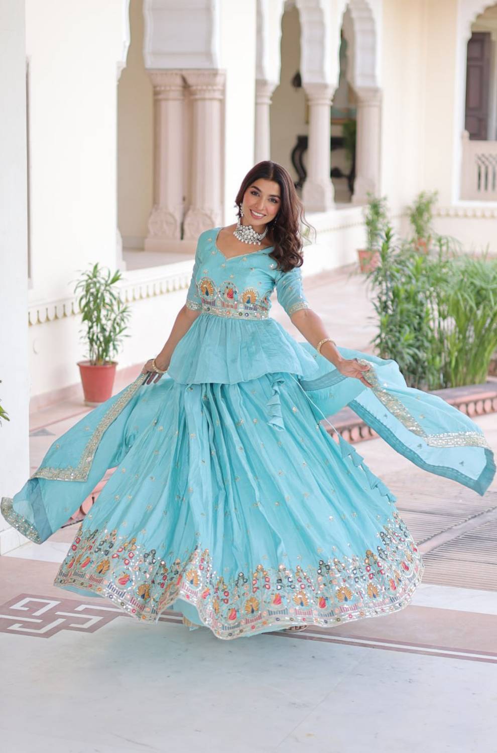 livewear Embroidered Blue Lehenga & Crop Top - Image 2