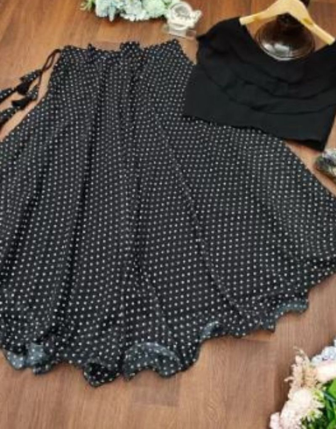 Image of NIHANT ENTERPRISE Polka Print Stitched Lehenga & Crop Top